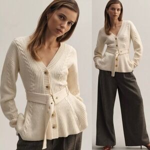 Anthropologie Maeve Cream Cableknit Peplum Belted Cardigan Cozy Career Classic M